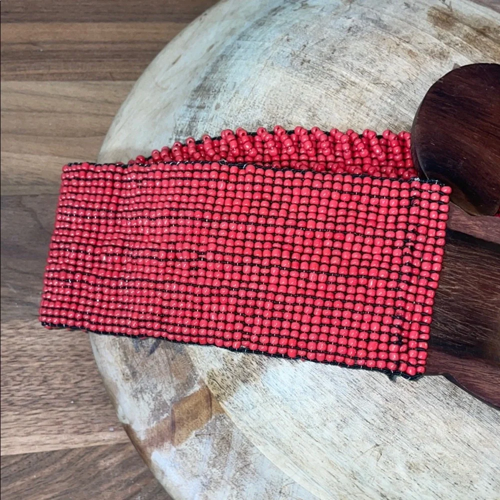 Boho Cowgirl Red Beaded Stretch Belt Wood Buckle Wide Artisan Small Southwest